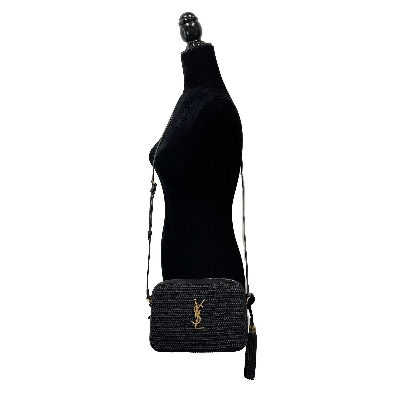 Saint Laurent - Black Raffia Paneled Lou Medium Camera Bag / Crossbody