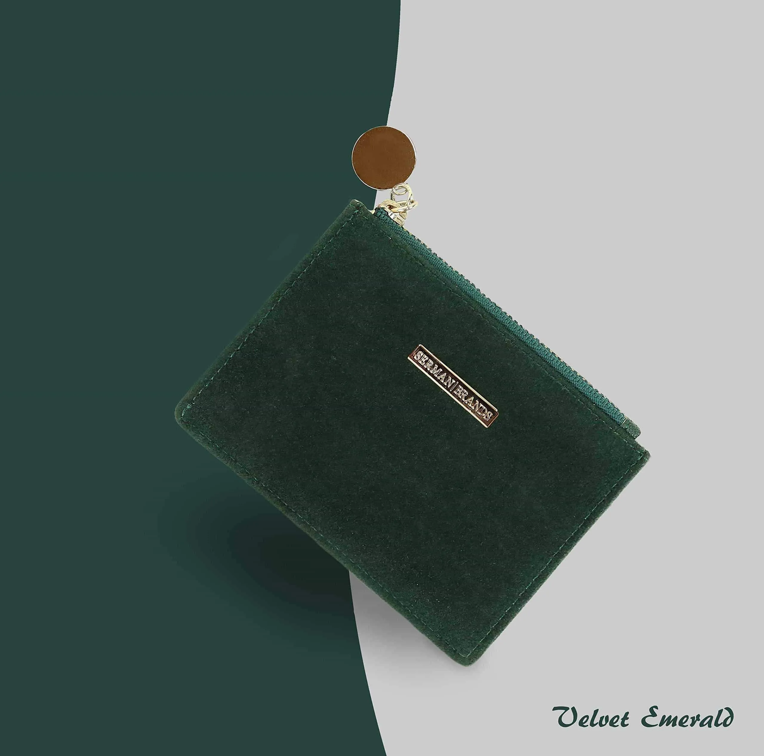 SERMAN BRANDS Slim Wristlet Card Case Holder Small RFID Blocking Wallet Change Purse for Women Keychain - Removable Wristlet Strap (Velvet Emerald CH)