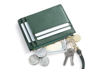 SERMAN BRANDS Slim Wristlet Card Case Holder Small RFID Blocking Wallet Change Purse for Women Keychain - Removable Wristlet Strap (Velvet Emerald CH)