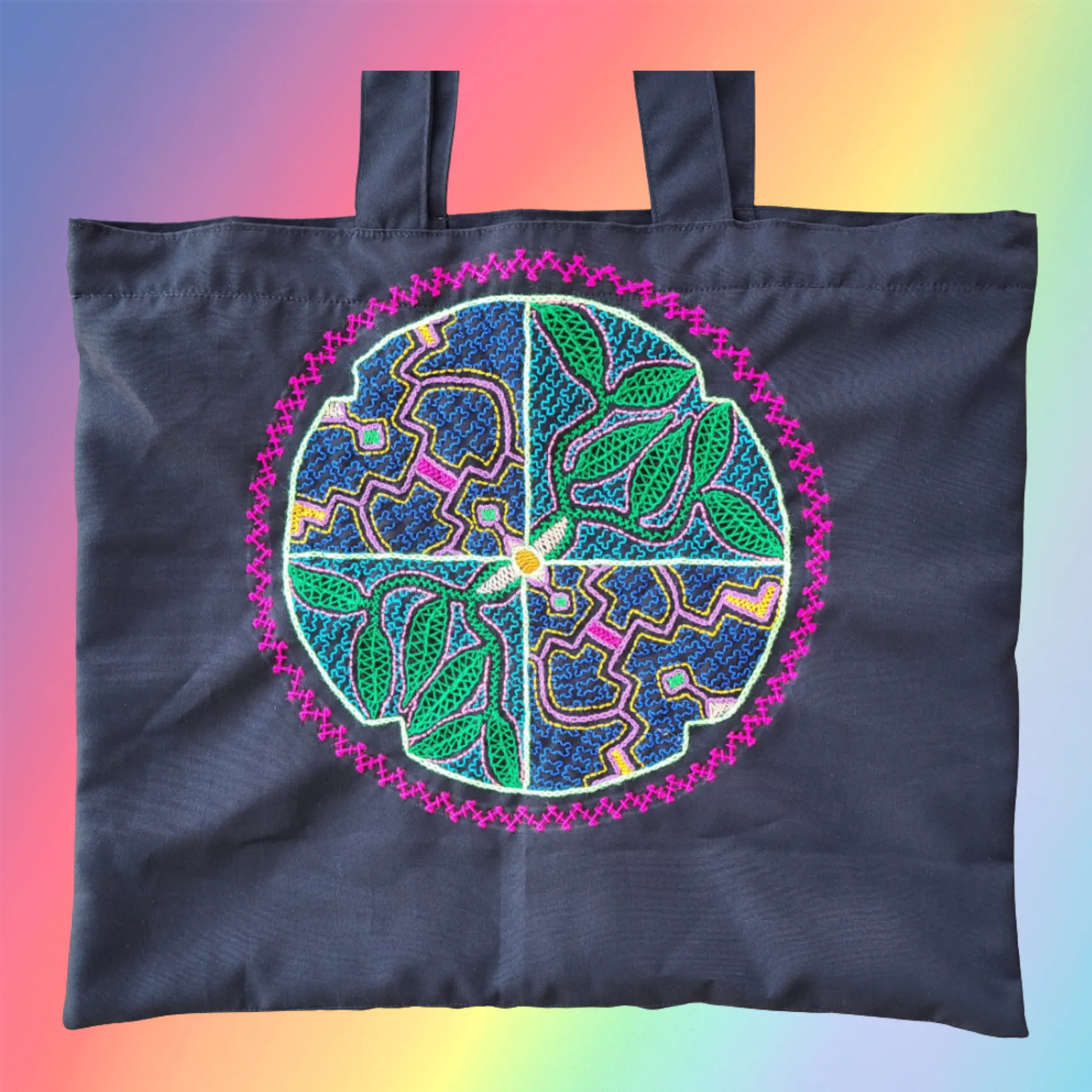 Shipibo Embroidered Sacred Tote Bag - Elements