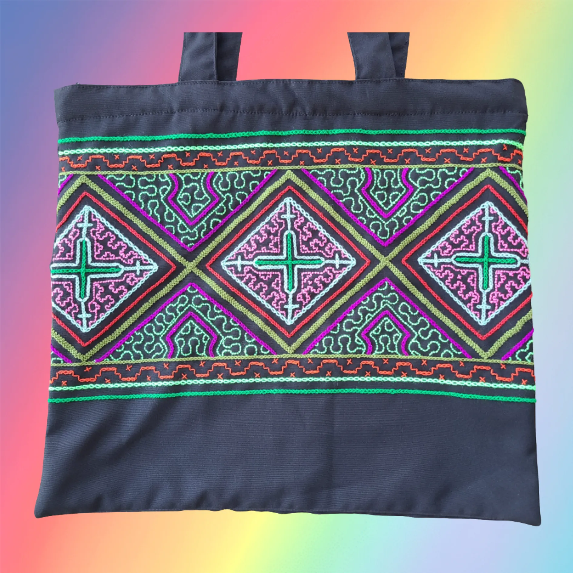 Shipibo Embroidered Sacred Tote Bag - Jungle Dance