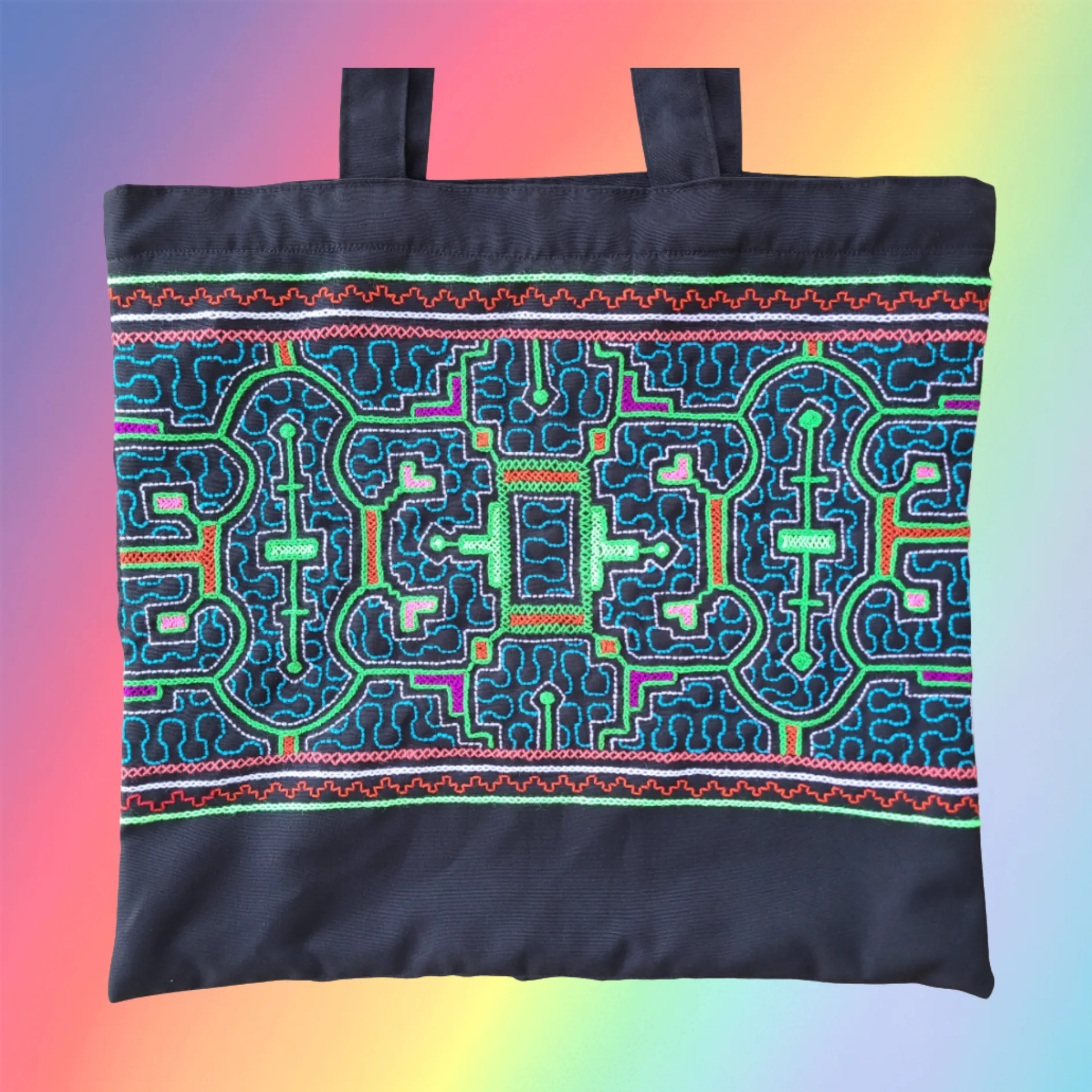 Shipibo Embroidered Sacred Tote Bag - Neon Serpent