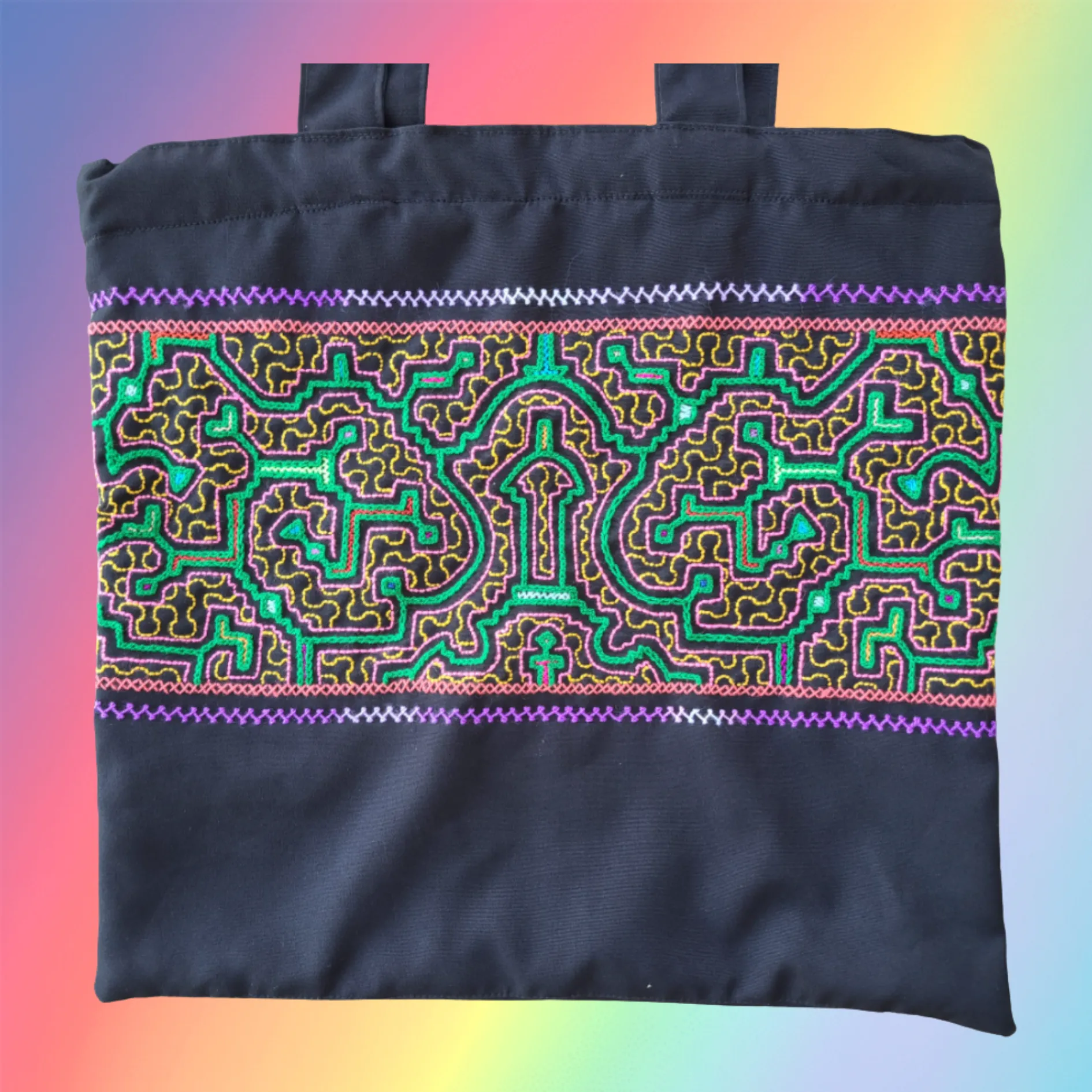 Shipibo Embroidered Sacred Tote Bag - Neon Vision