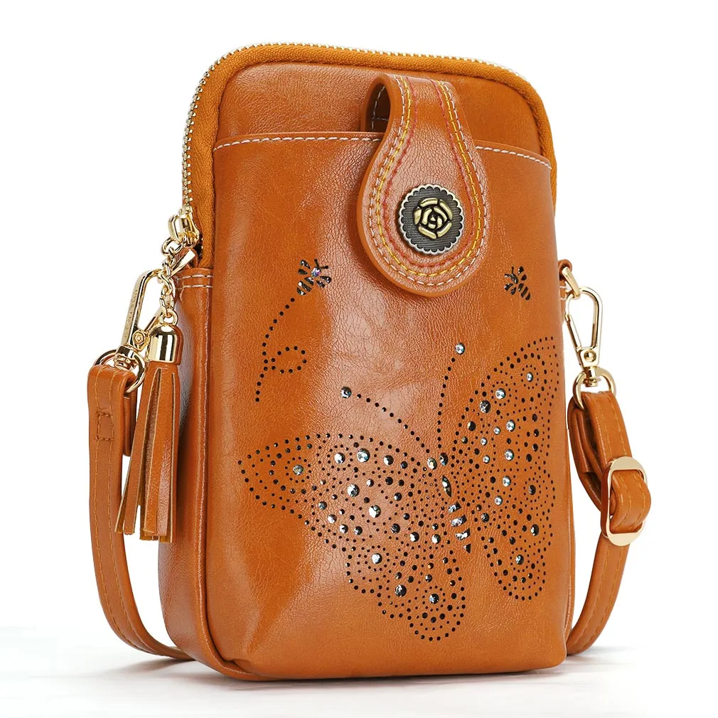Small Crossbody phone bag Butterfly design shoulder bags for Women-Brown