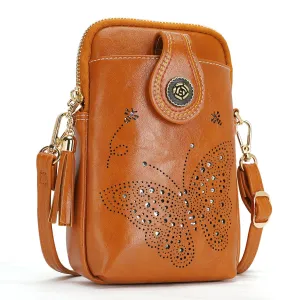 Small Crossbody phone bag Butterfly design shoulder bags for Women-Brown