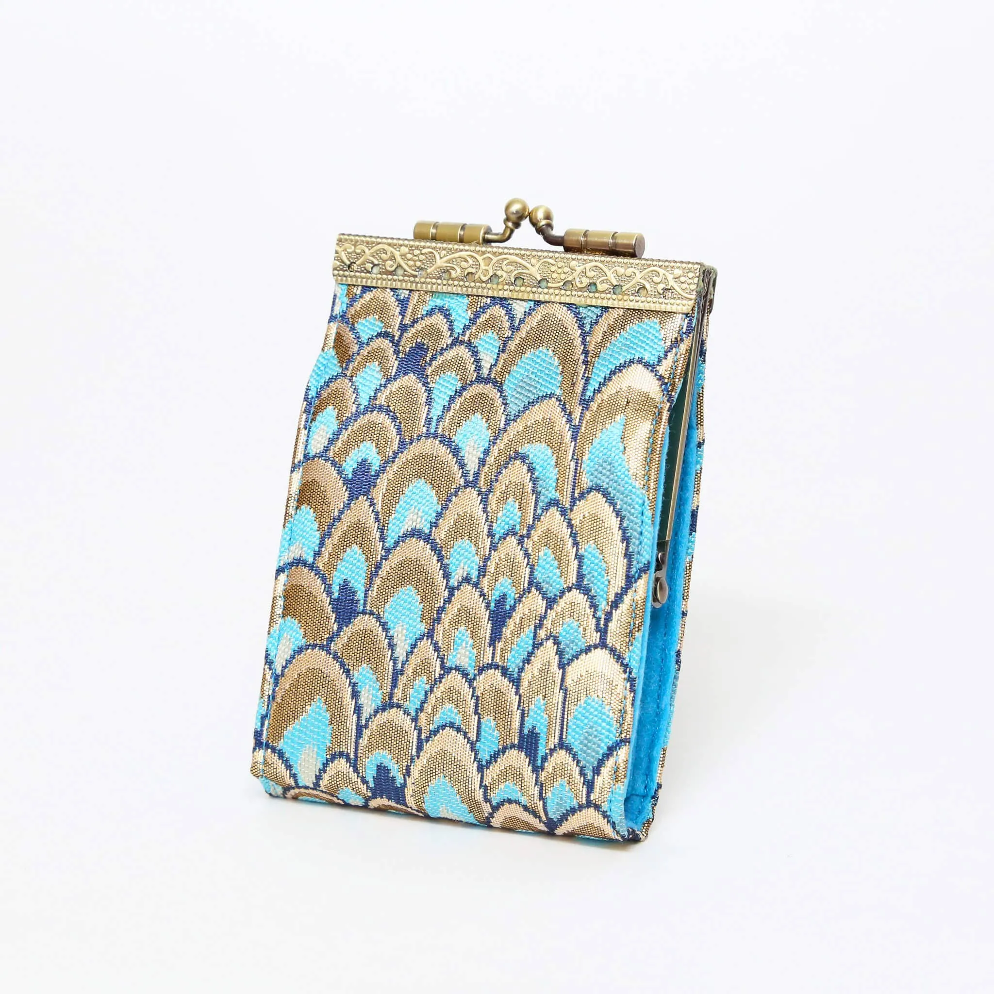 Small Feather Brocade, Card Holders with RFID Protection: Gold & Teal
