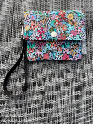 Small Slim Wallet - Light Weight - Added RFID Fabric -  Mini Wild Flower Blue Fabric