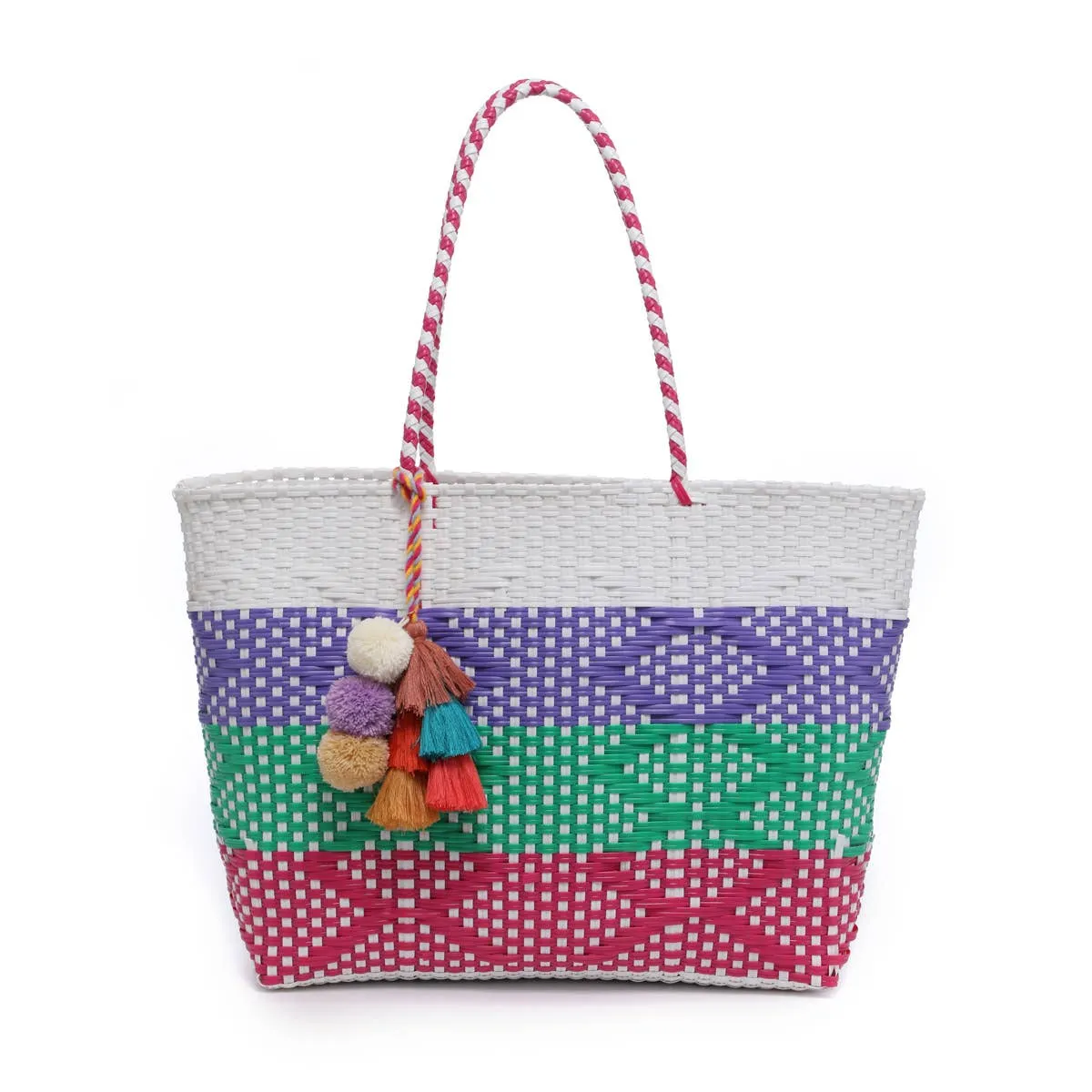 Sylvia Med Handwoven Tote w/ Pom-Poms-Mixie