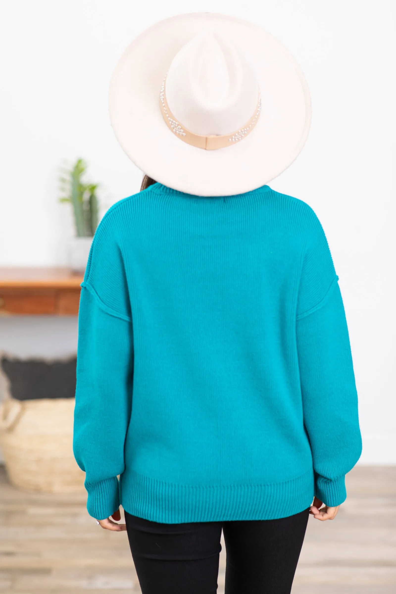 Teal Drop Shoulder Ribbed Trim Sweater