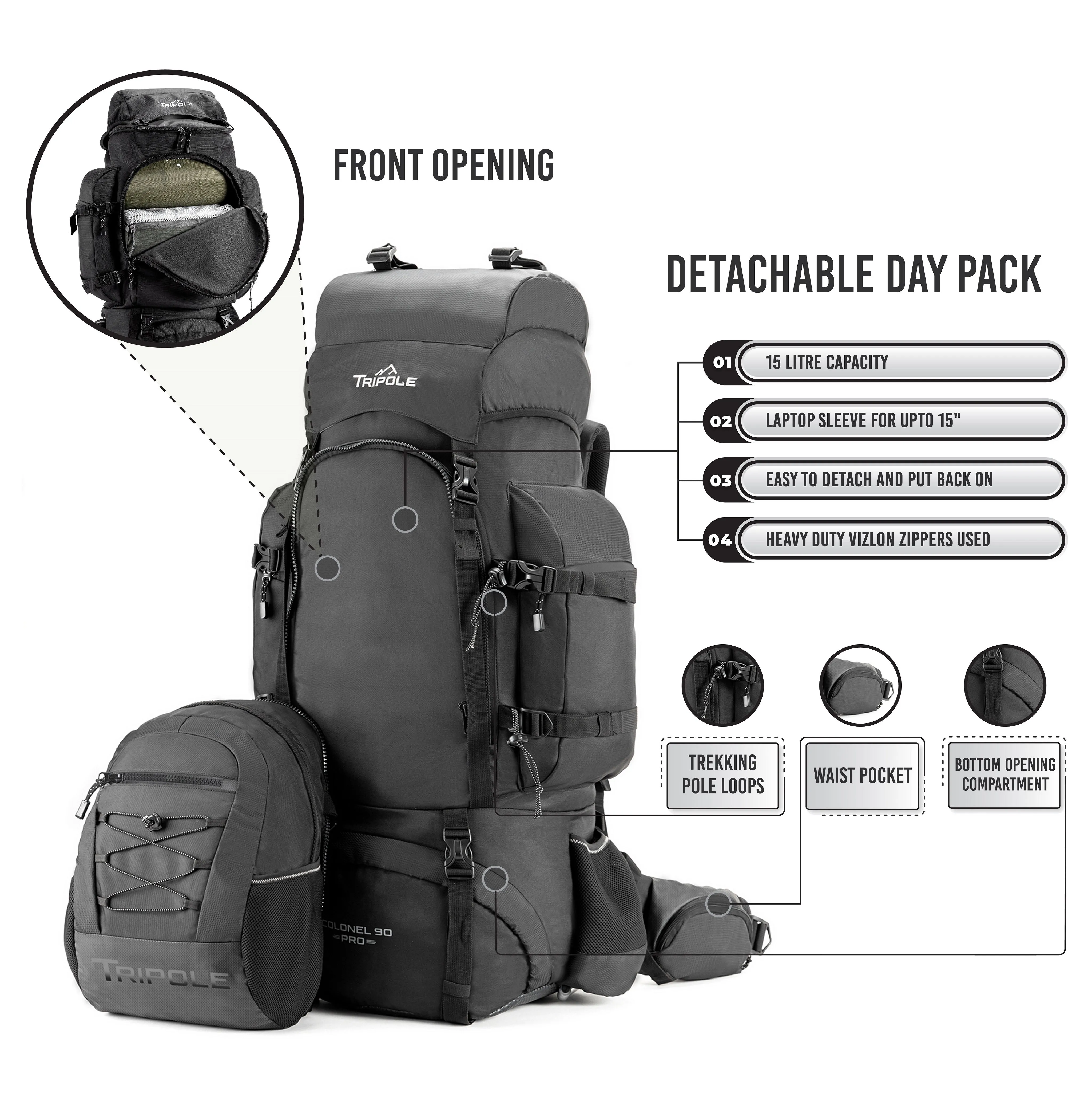 Tripole Colonel Pro Metal Frame Rucksack with Detachable Day Pack and Rain Cover for Trekking and Travelling | 5 Year Warranty (90 Ltr, Black)