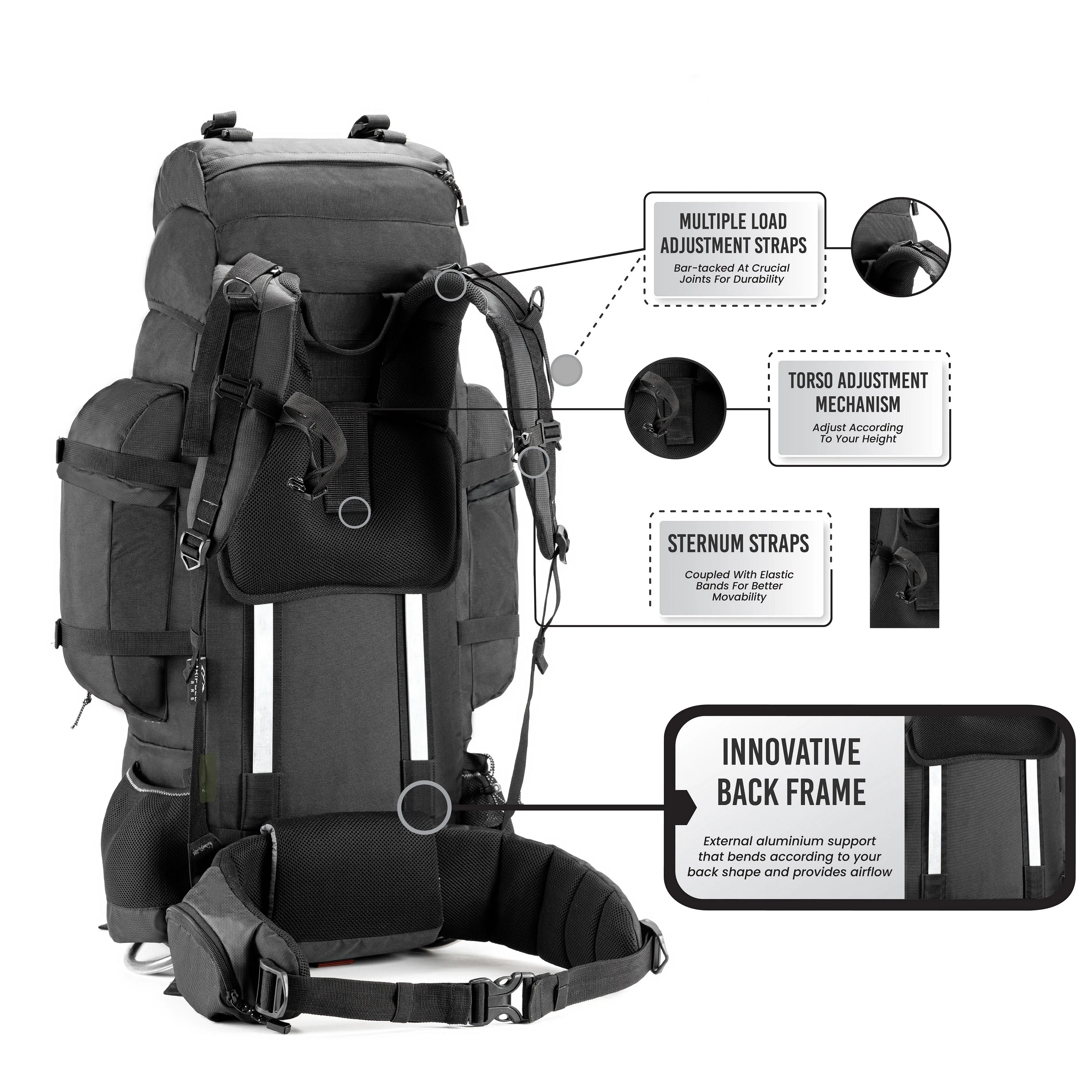 Tripole Colonel Pro Metal Frame Rucksack with Detachable Day Pack and Rain Cover for Trekking and Travelling | 5 Year Warranty (90 Ltr, Black)