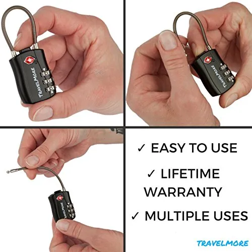 TSA Approved Travel Combination Cable Luggage Locks for Suitcases & Backpacks - 1 Pack of Black TSA Lock