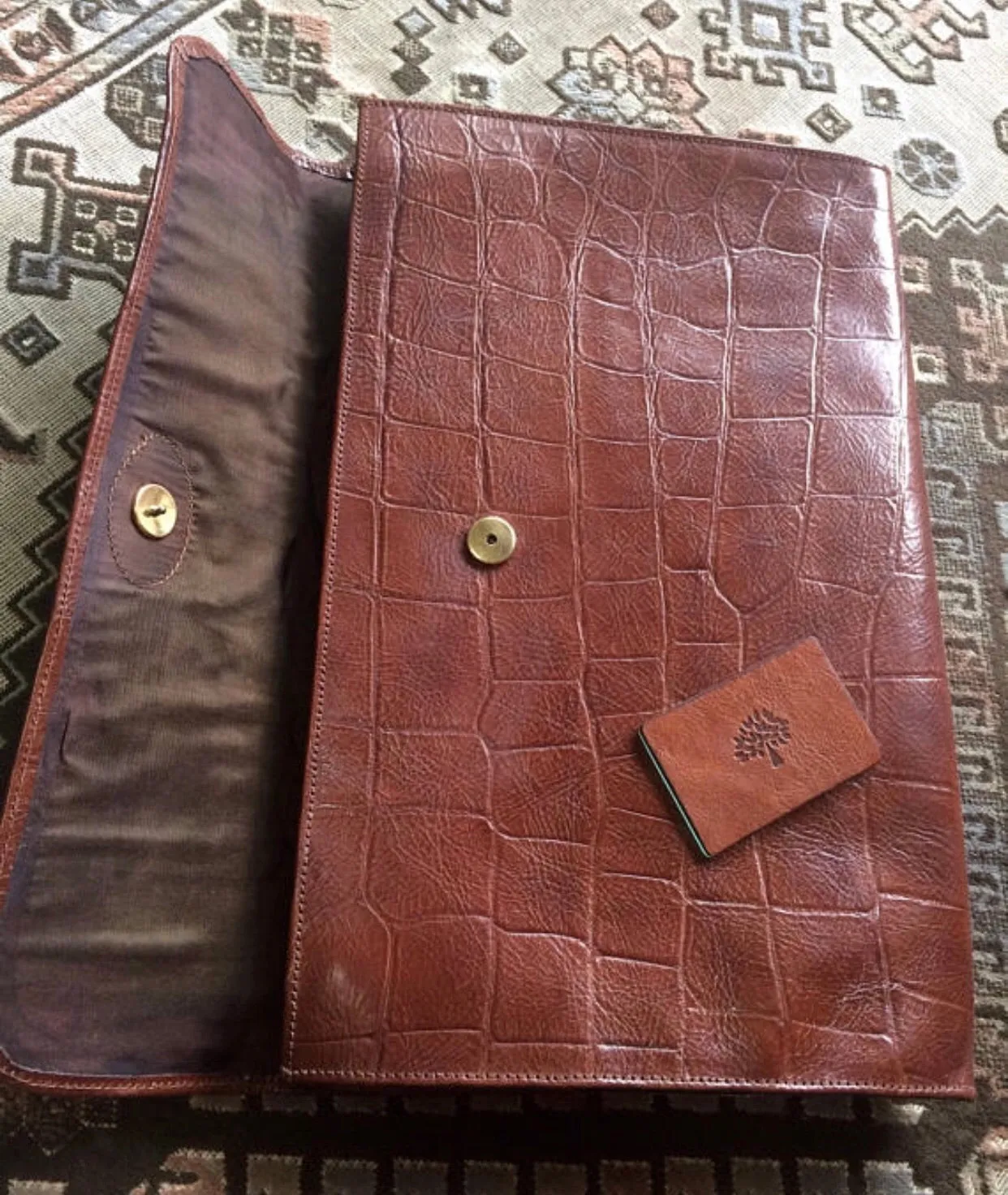 Vintage Mulberry brown croc embossed leather portfolio bag, document case purse, can be iPad purse. Classic unisex piece by Roger Saul. 050406r7