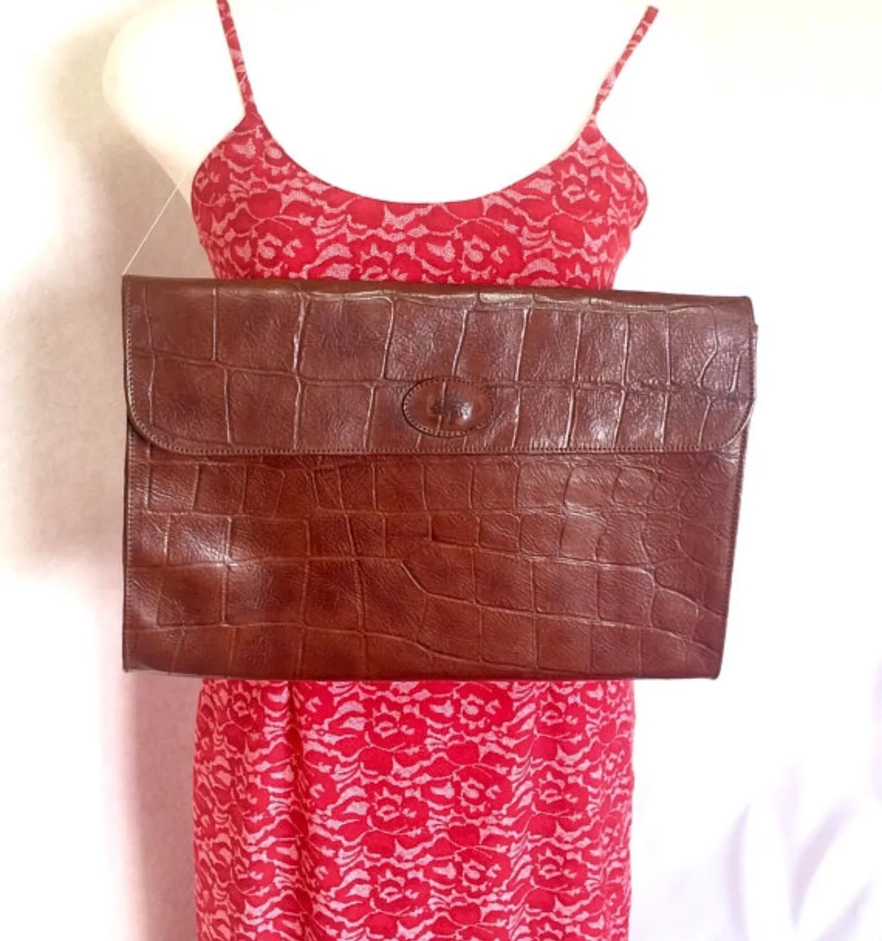 Vintage Mulberry brown croc embossed leather portfolio bag, document case purse, can be iPad purse. Classic unisex piece by Roger Saul. 050406r7