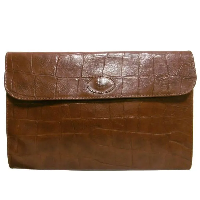 Vintage Mulberry brown croc embossed leather portfolio bag, document case purse, can be iPad purse. Classic unisex piece by Roger Saul. 050406r7