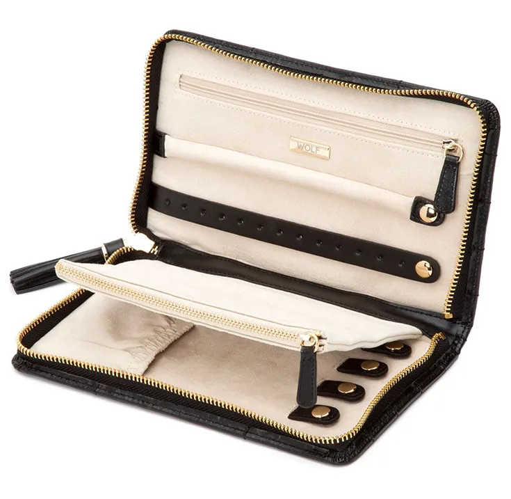 WOLF Small Quilted Leather Jewelry Portfolio in Black Leather