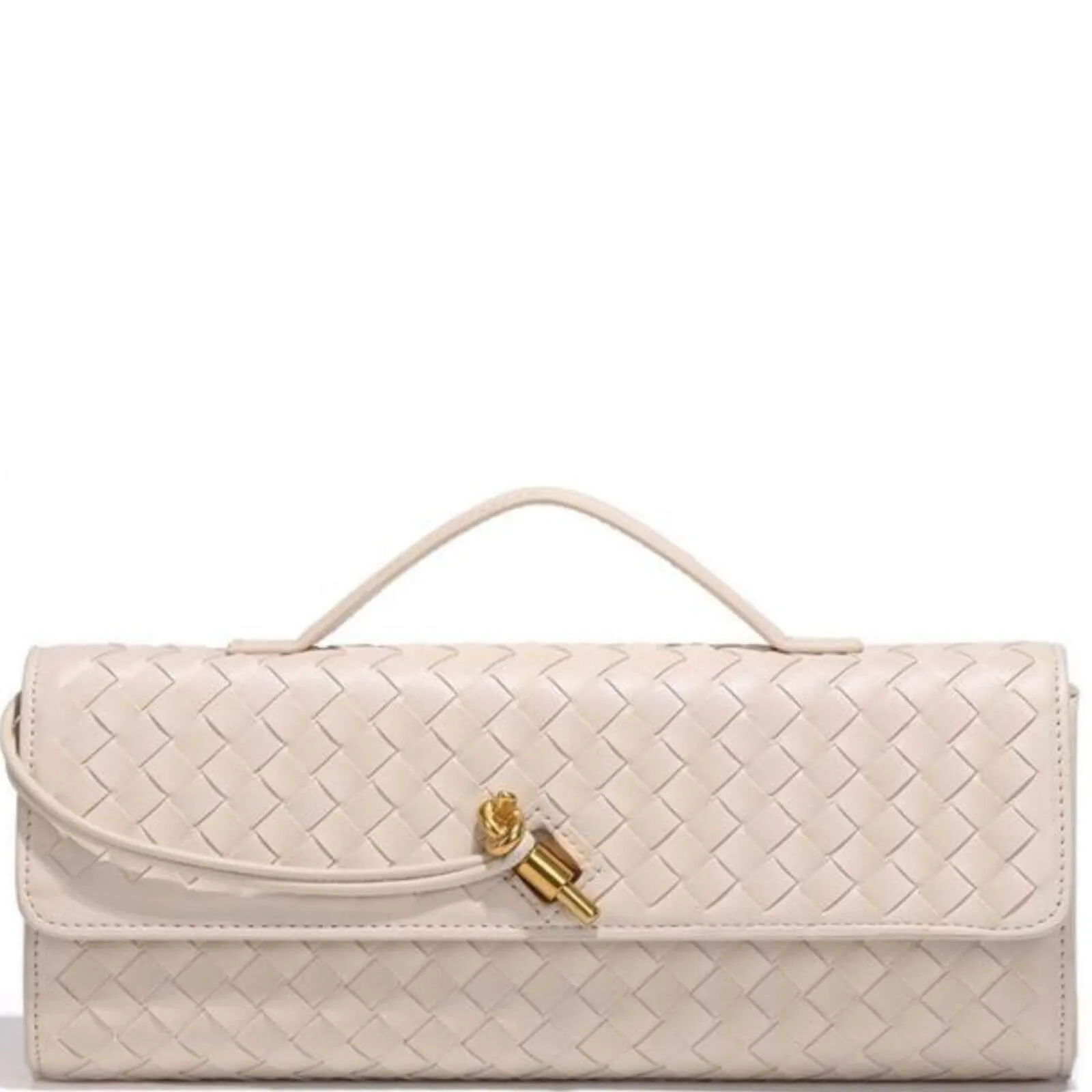Woven Clutch Bag With Gold Hardware - Cream